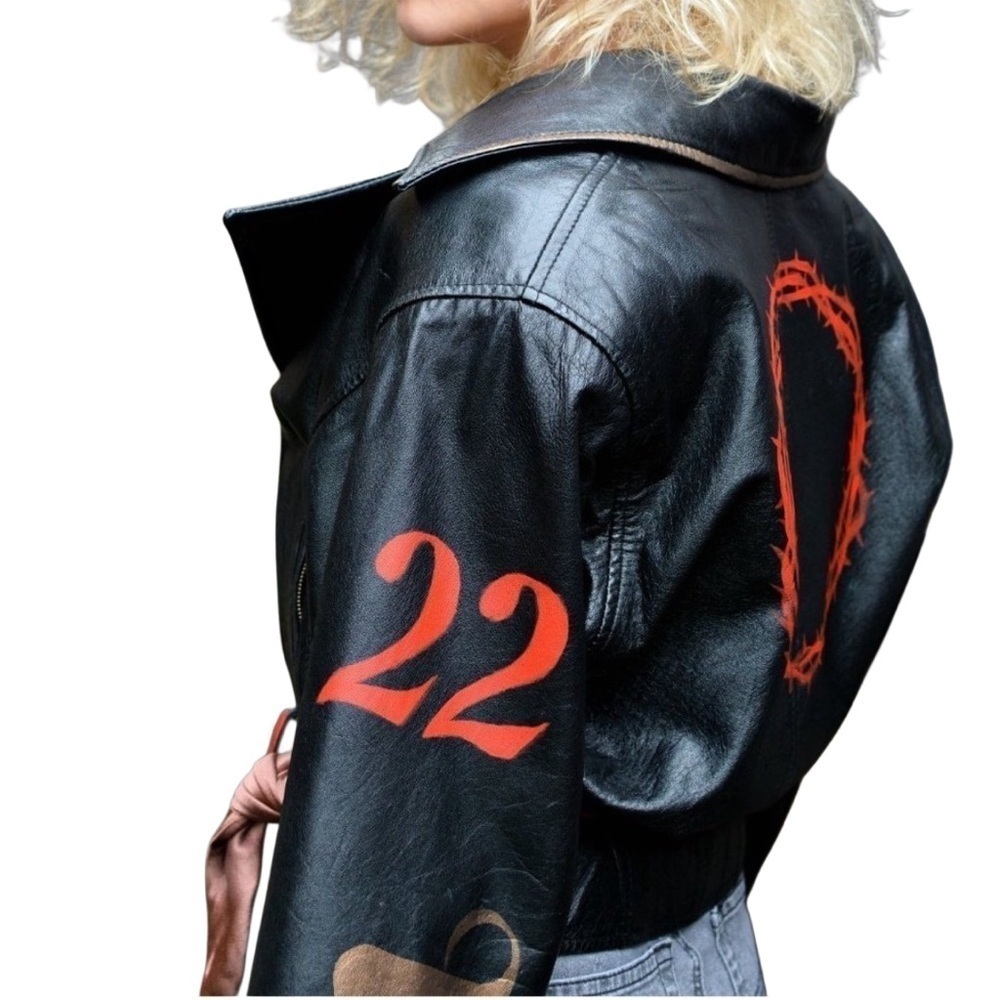 Vintage black leather biker jacket satin sash; hand painted red, bronze sz M